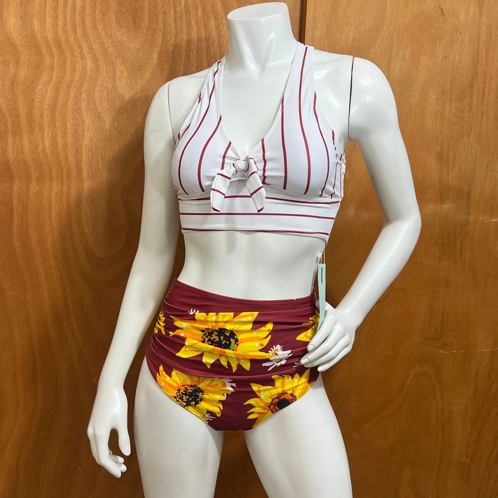 DRESSfO Women's High Waisted Sunflower Burgundy Bikini Set Size S (US 4)